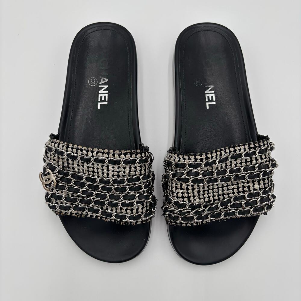 Chanel CC Chain Slide Sandals Flat Canvas Slip On Shoes Black Tweed Size 38 - Picture 13 of 14